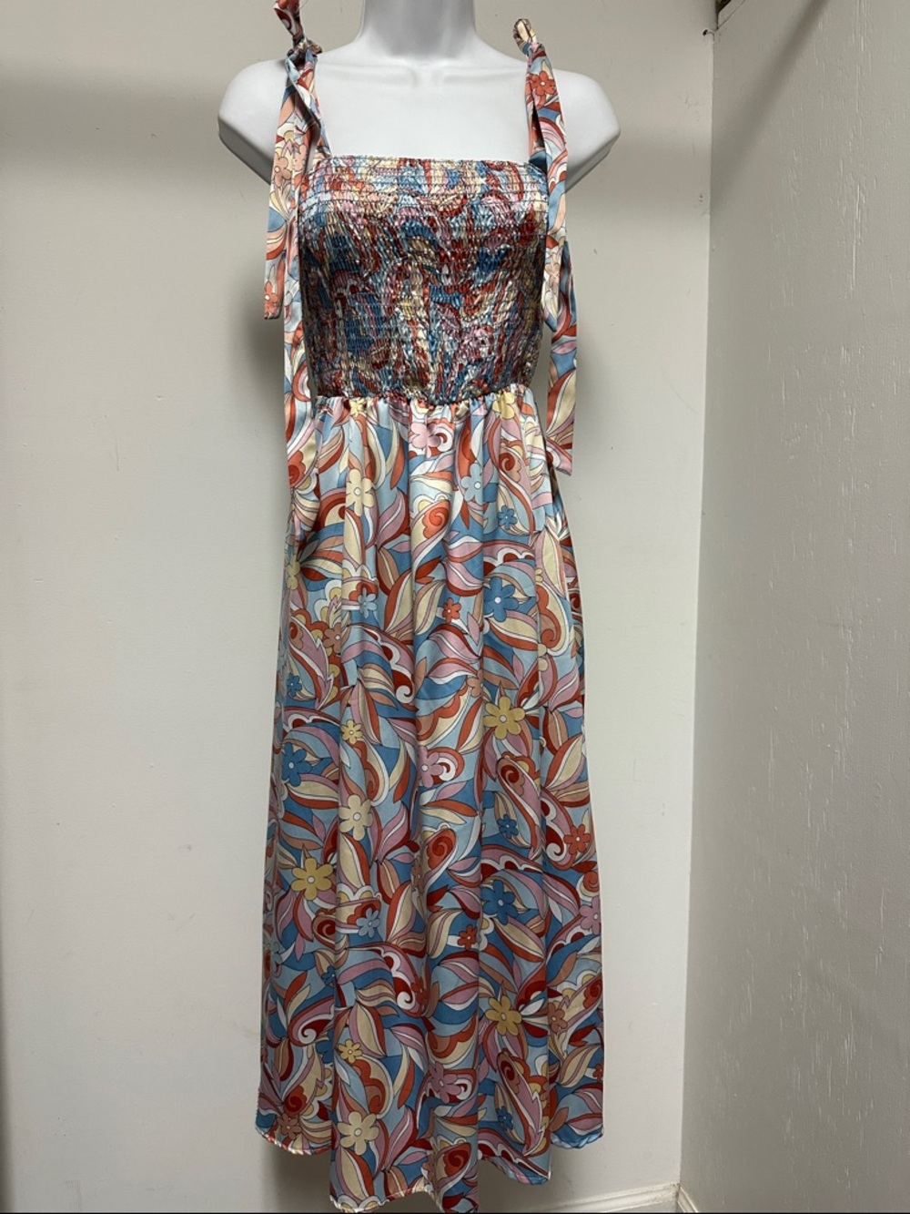 Smocked Tie-Shoulder Maxi Dress in Blue and Rust Floral